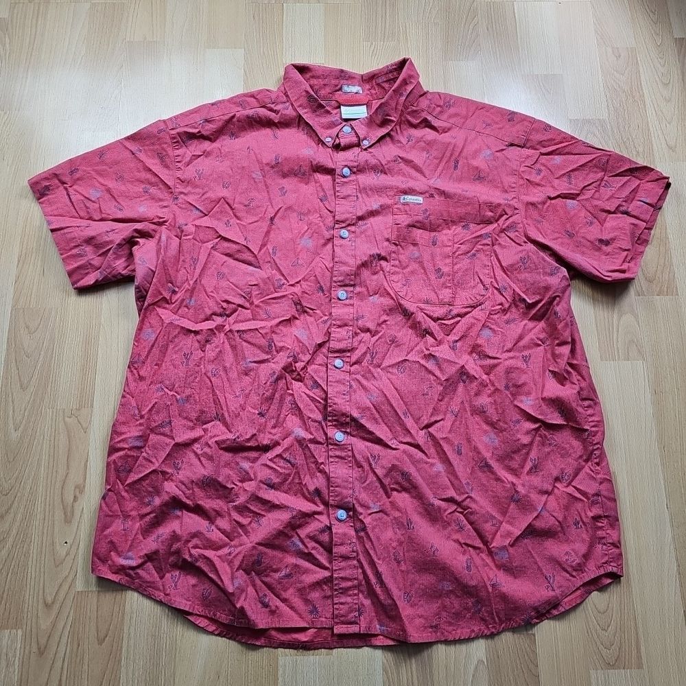 Columbia Button Down Shirt Mens XXL Red Tropical Pineapple‎ Cactus Regular 1191